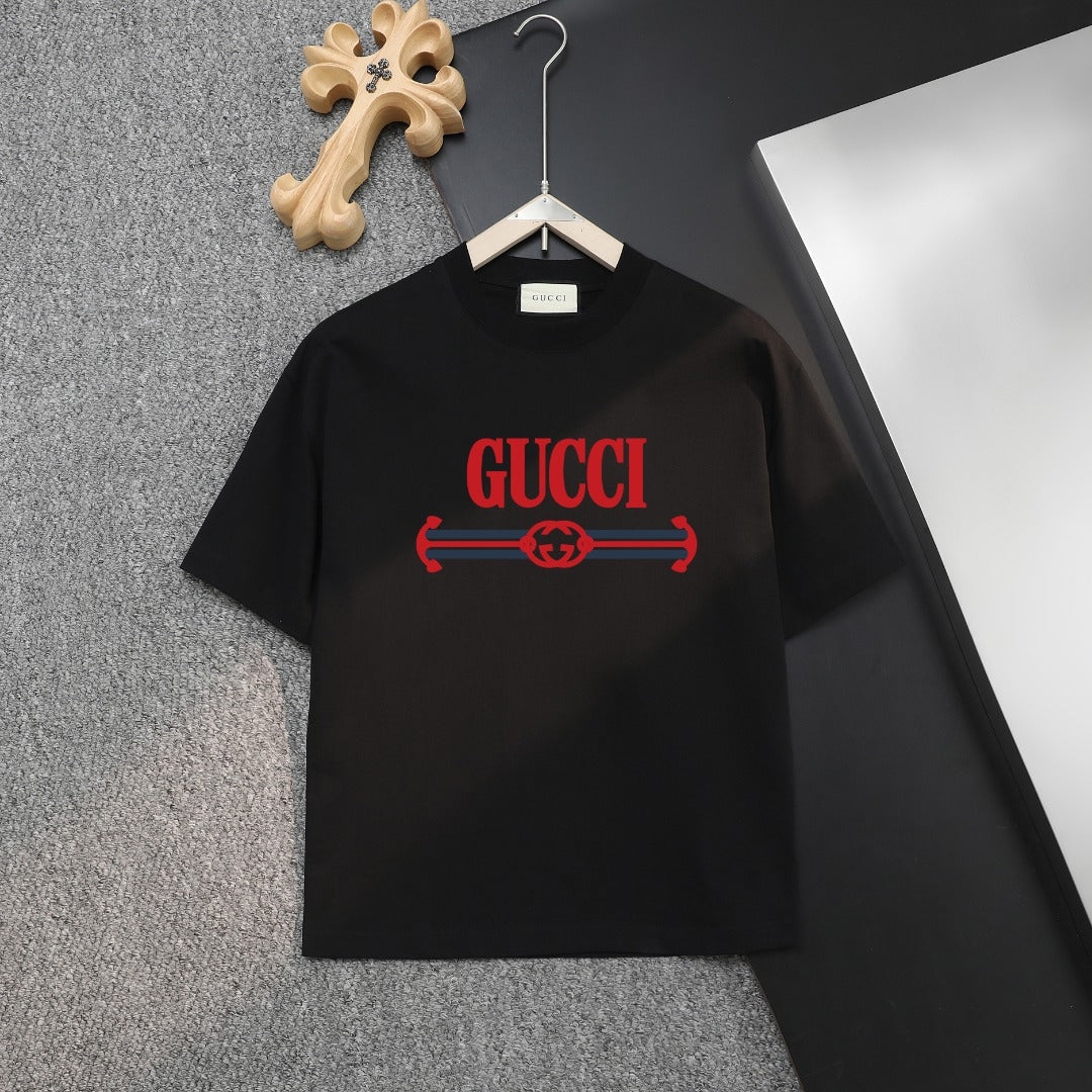 Black Gucci logo T-shirt with red graphic on chest