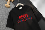 Black Gucci logo T-shirt with red hanger-style graphic