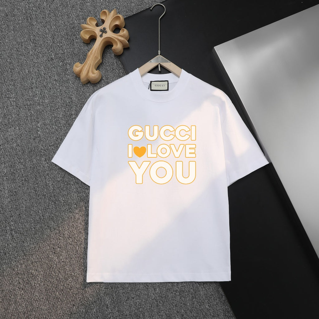 White Gucci short-sleeve T-shirt with "GUCCI I LOVE YOU" graphic front
