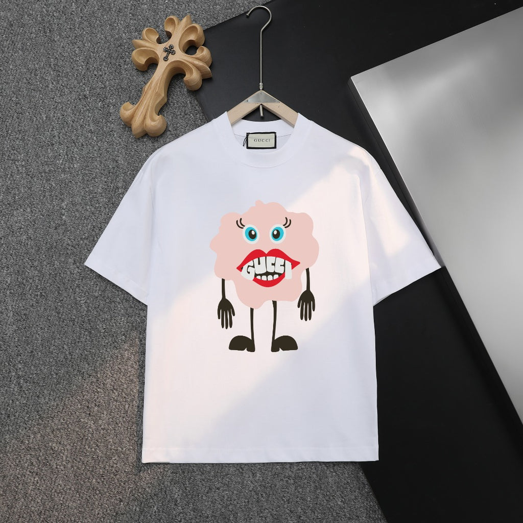 White T-shirt with cartoon bear Gucci graphic on the front