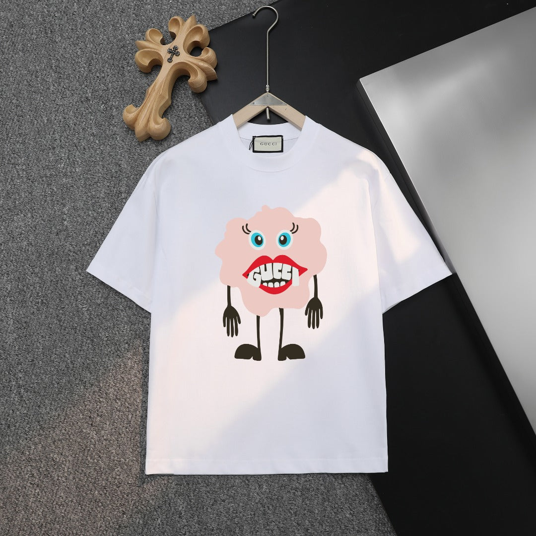White T-shirt with cartoon bear Gucci graphic on the front