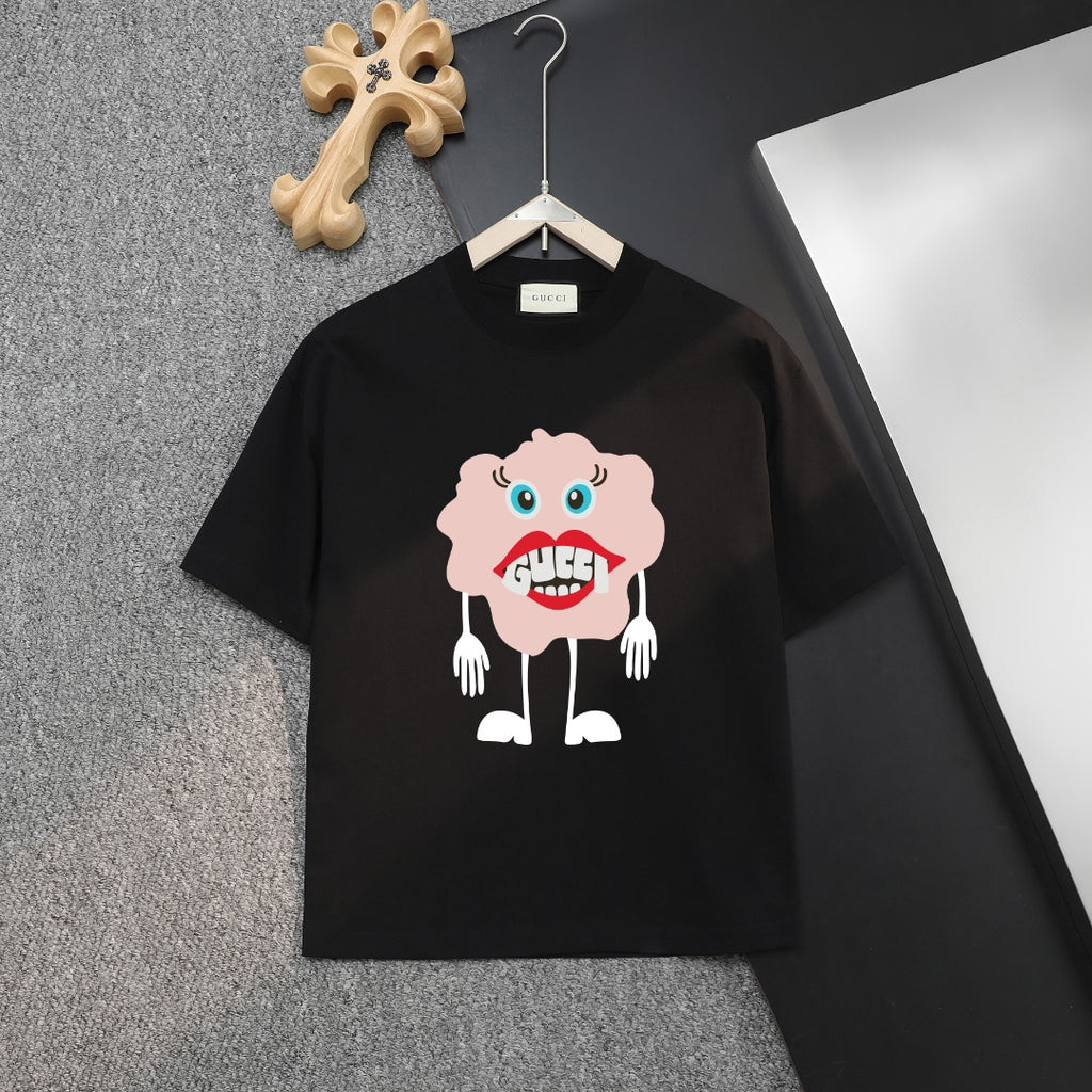 Black short-sleeve T-shirt with pink cartoon face graphic on front