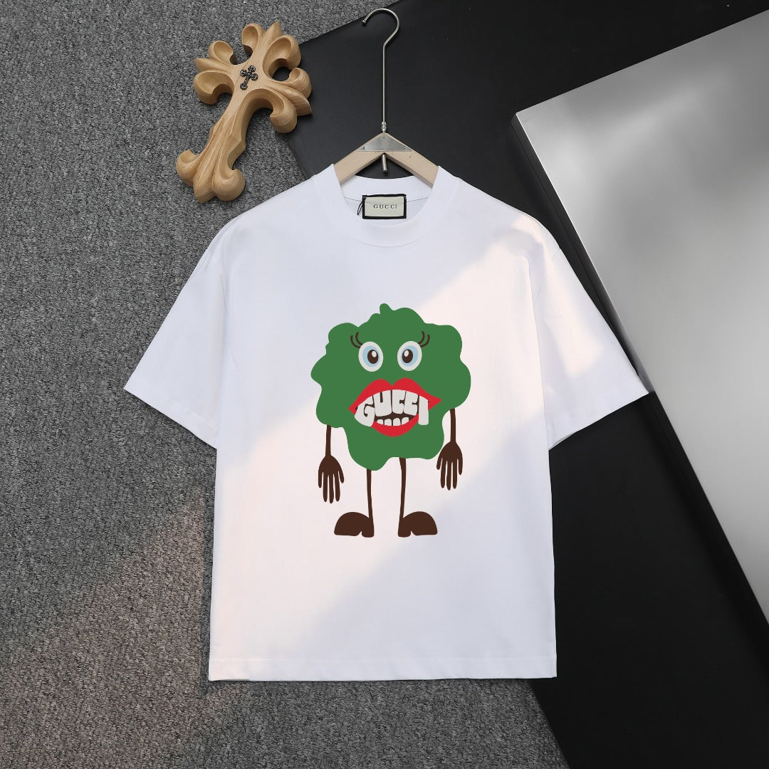 White Gucci short-sleeve T-shirt on hanger, front graphic with green character face