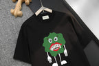 Black Gucci T-shirt with green cartoon monster holding a red heart logo