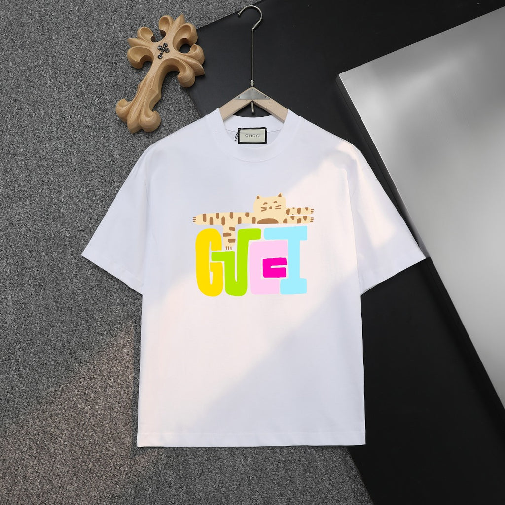 White Gucci short-sleeve T-shirt with colorful front logo graphic