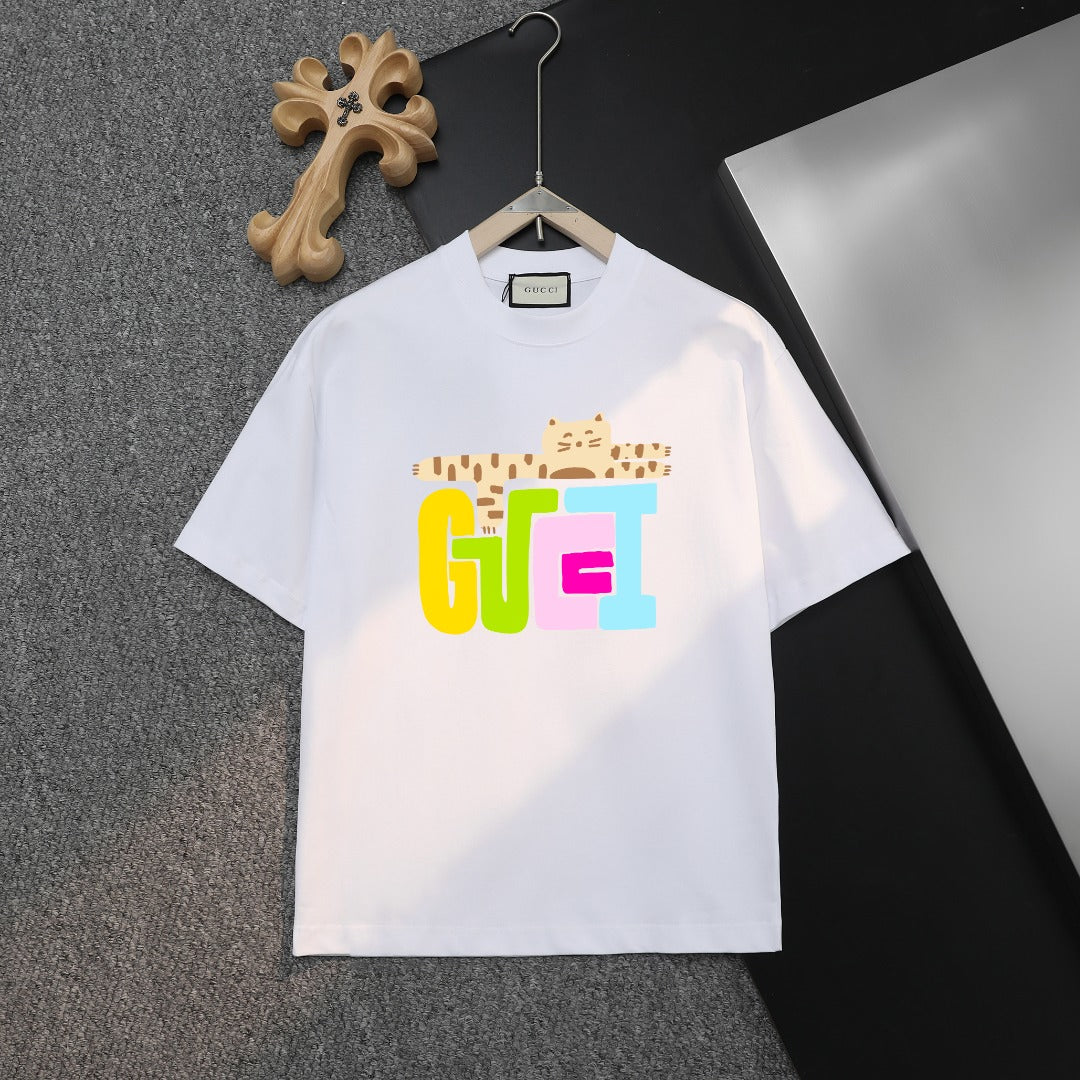 White Gucci short-sleeve T-shirt with colorful front logo graphic
