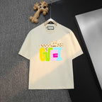 Cream short-sleeve T-shirt with multicolor “GGE” graphic on the front