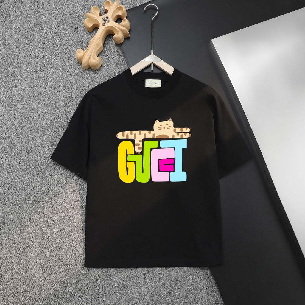 Black T-shirt with colorful cat-themed front graphic