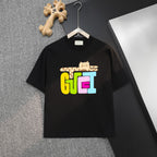 Black T-shirt with colorful cat-themed front graphic
