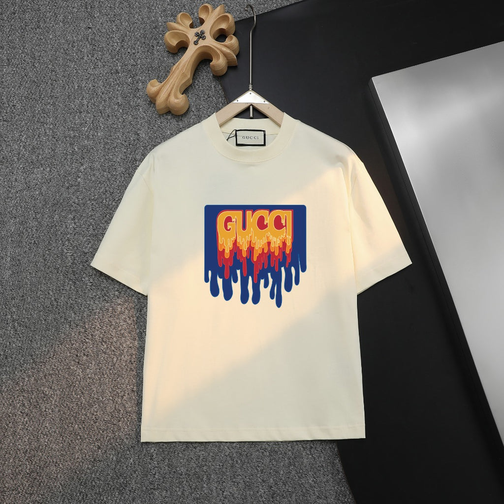Cream short-sleeve T-shirt with multicolor Gucci-style logo graphic on chest