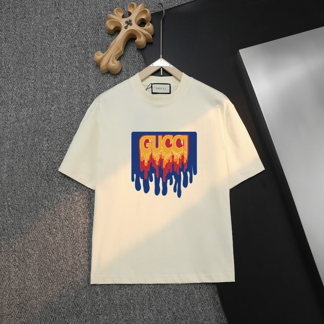 Cream short-sleeve T-shirt with multicolor Gucci-style logo graphic on chest