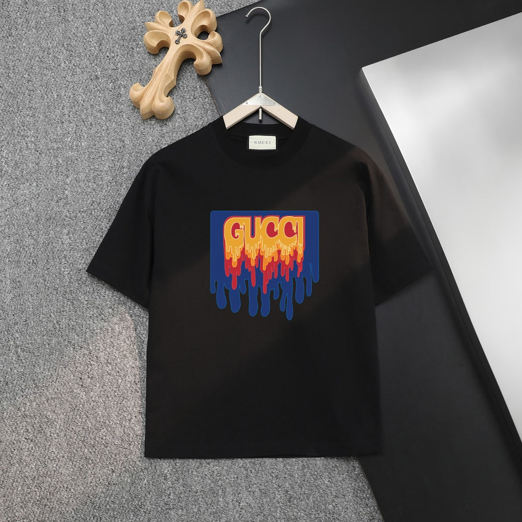 Black Gucci short-sleeve shirt with colorful dripping G logo graphic