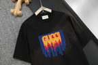 Black Gucci short-sleeve shirt with large colorful dripping G logo on front