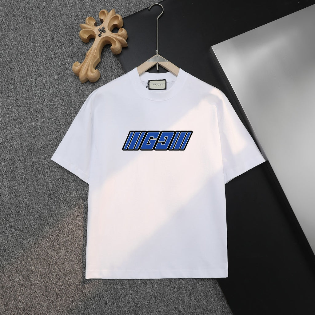 White Gucci short-sleeve T-shirt with front graphic logo, on a hanger