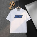 White Gucci short-sleeve T-shirt with front graphic logo, on a hanger