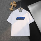 White Gucci short-sleeve T-shirt with front graphic logo, on a hanger