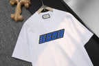 White Gucci short-sleeve T-shirt with centered blue graphic logo