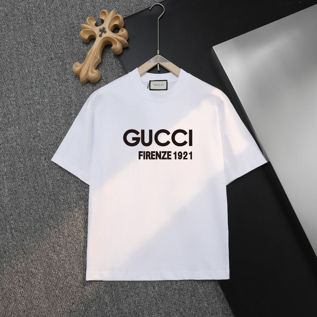 White short-sleeve T-shirt with GUCCI FIRENZE 1921 front graphic