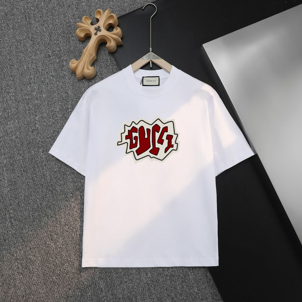 White Gucci T-shirt with red-and-black graphic logo on chest