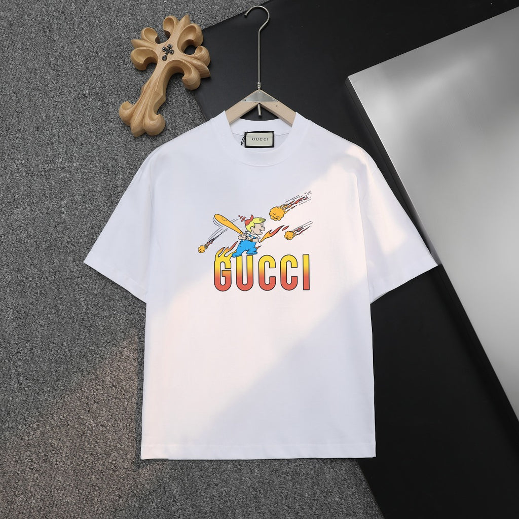 White short-sleeve T-shirt with colorful GUCCI graphic on chest