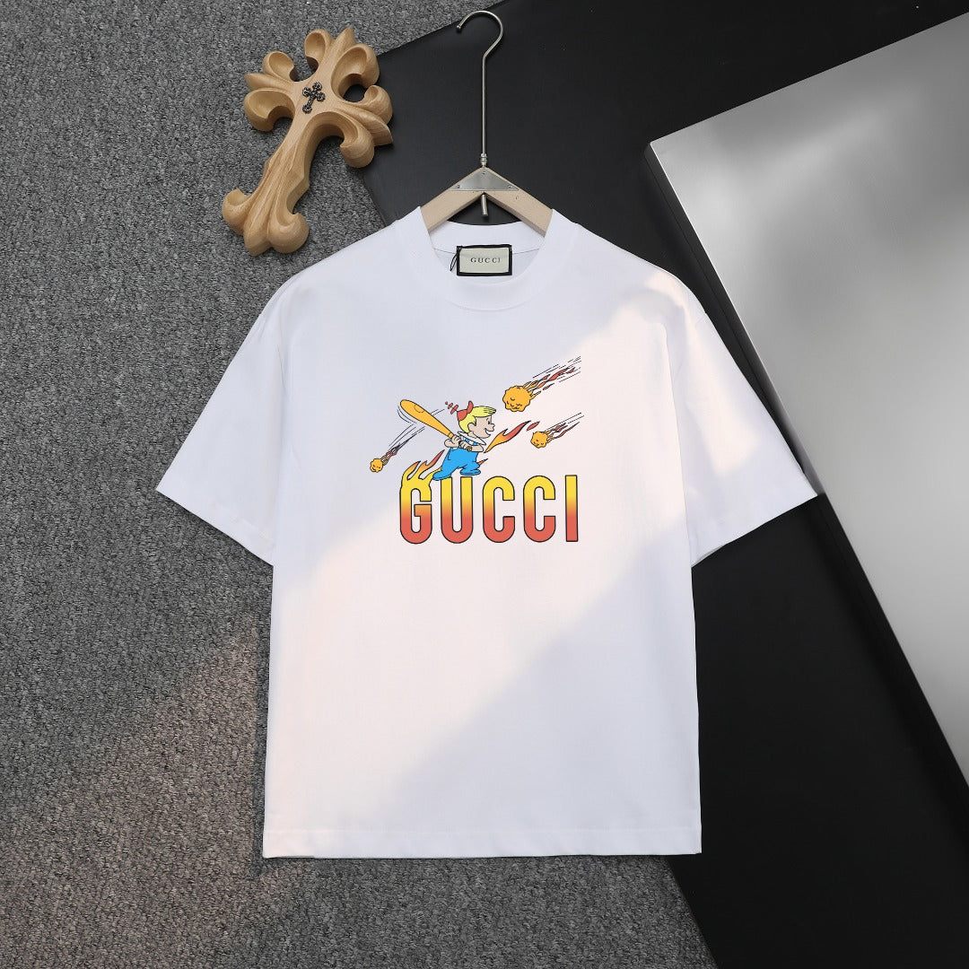 White short-sleeve T-shirt with colorful GUCCI graphic on chest