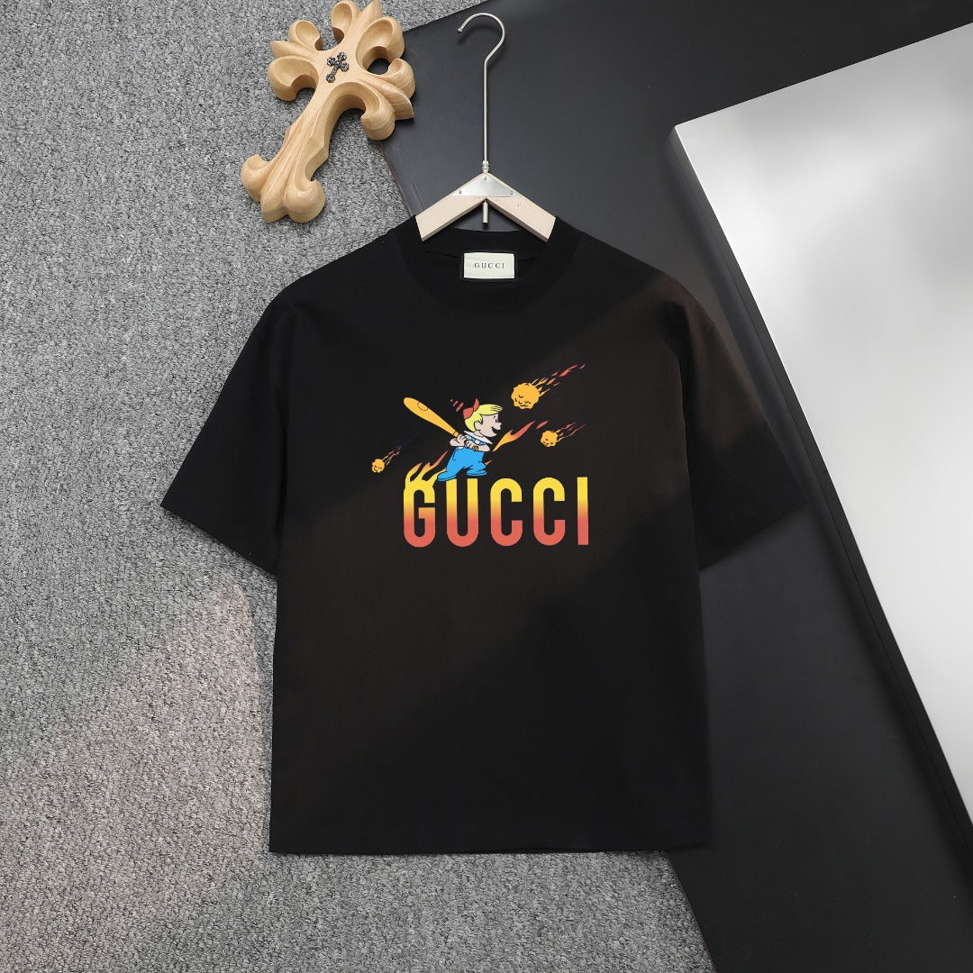 Black Gucci T-shirt with cartoon rider and 'GUCCI' logo print