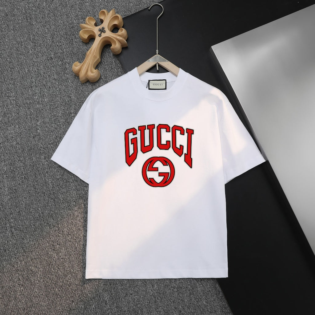 White short-sleeve T-shirt with GUCCI and GG logo print on chest