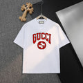 White short-sleeve T-shirt with GUCCI and GG logo print on chest