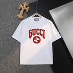 White short-sleeve T-shirt with GUCCI and GG logo print on chest