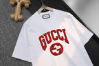 White short-sleeve T-shirt with large GUCCI text and red-and-black GG logo