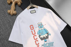 White short-sleeve crewneck T-shirt with large cartoon character front graphic