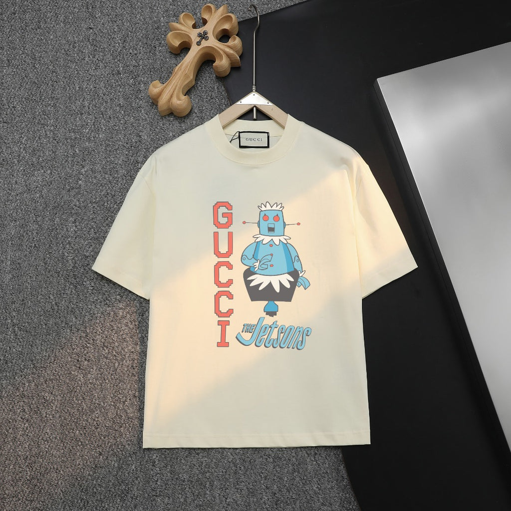 Cream Gucci graphic T-shirt with cartoon print and logo lettering