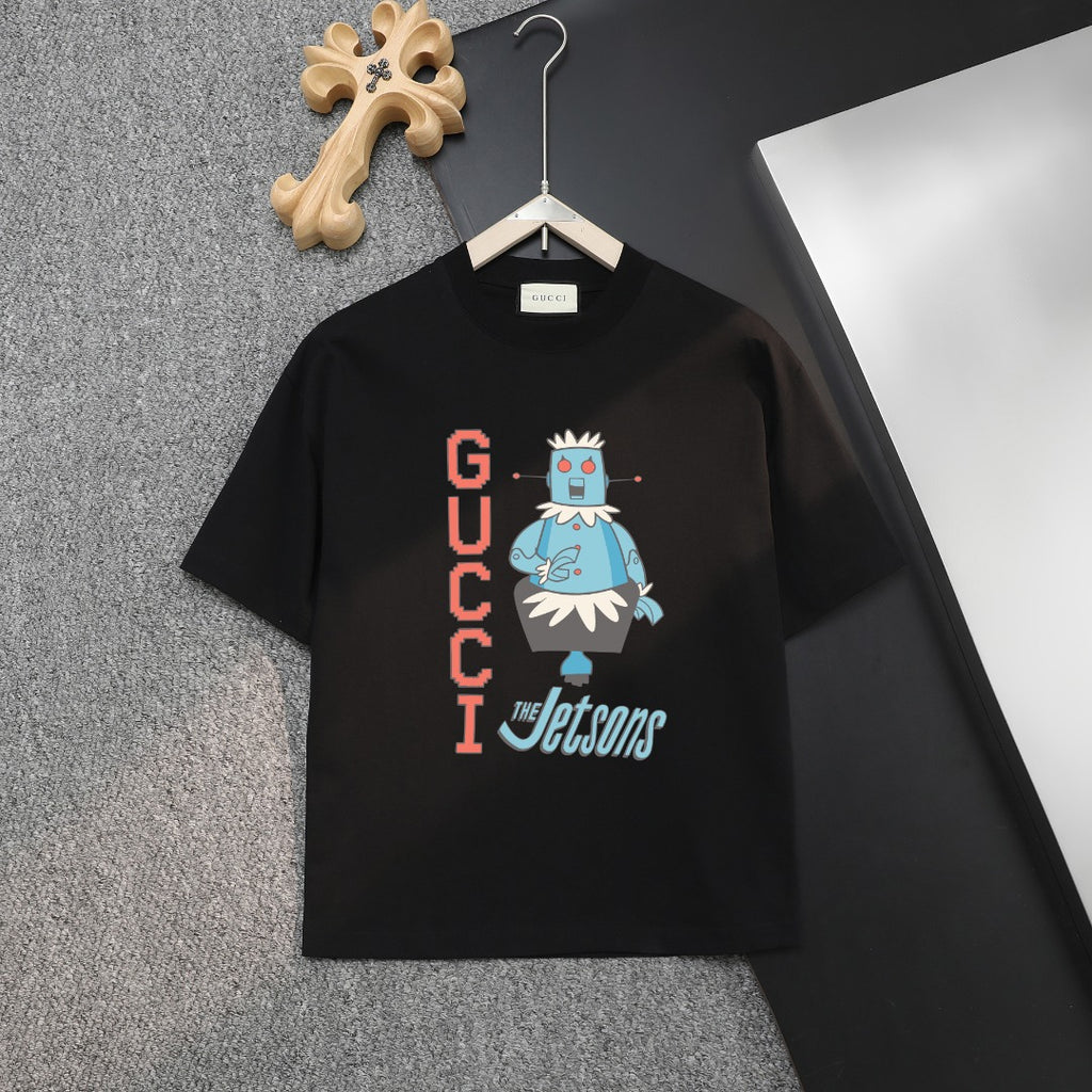 Black Gucci T-shirt with Jetsons character graphic and vertical GUC CI logo