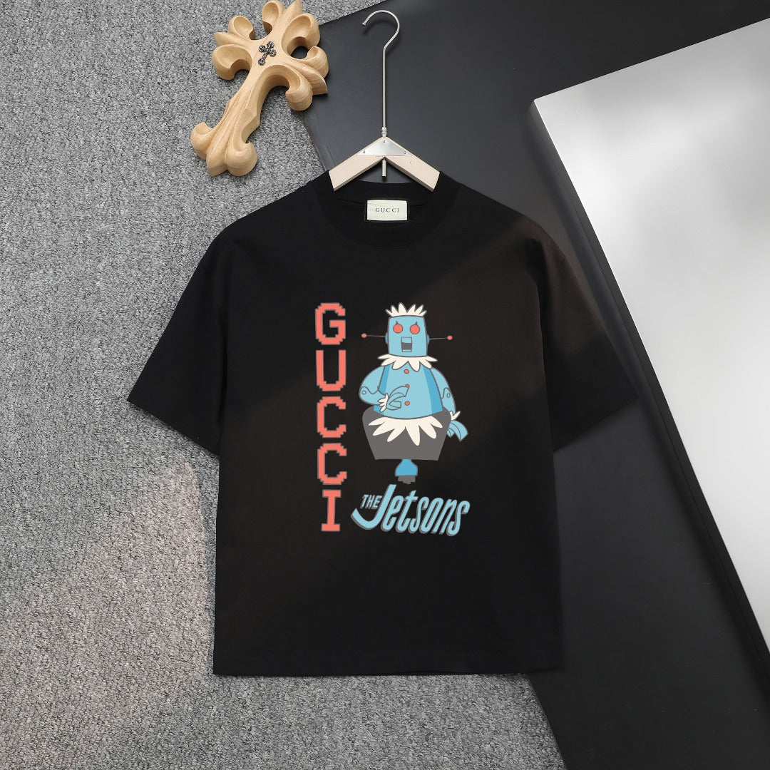 Black Gucci T-shirt with Jetsons character graphic and vertical GUC CI logo