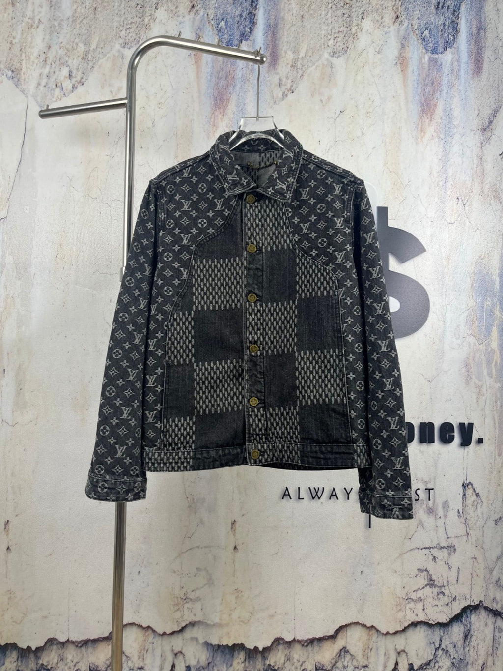 Louis Vuitton denim jacket with monogram pattern and patchwork black-and-gray front