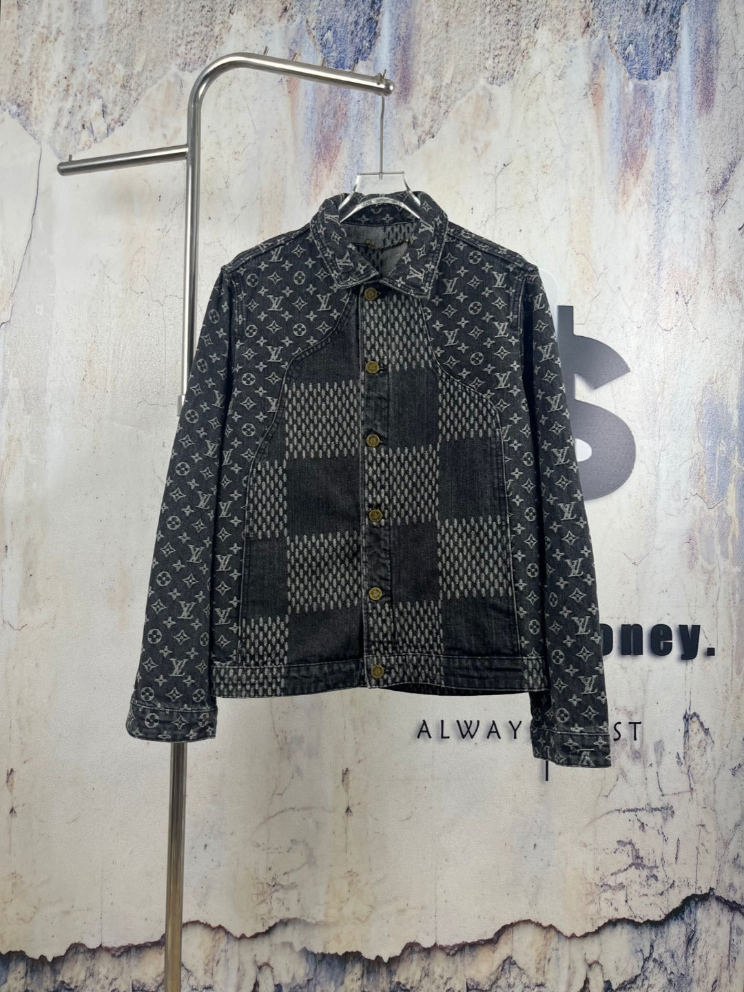 Louis Vuitton denim jacket with monogram pattern and patchwork black-and-gray front