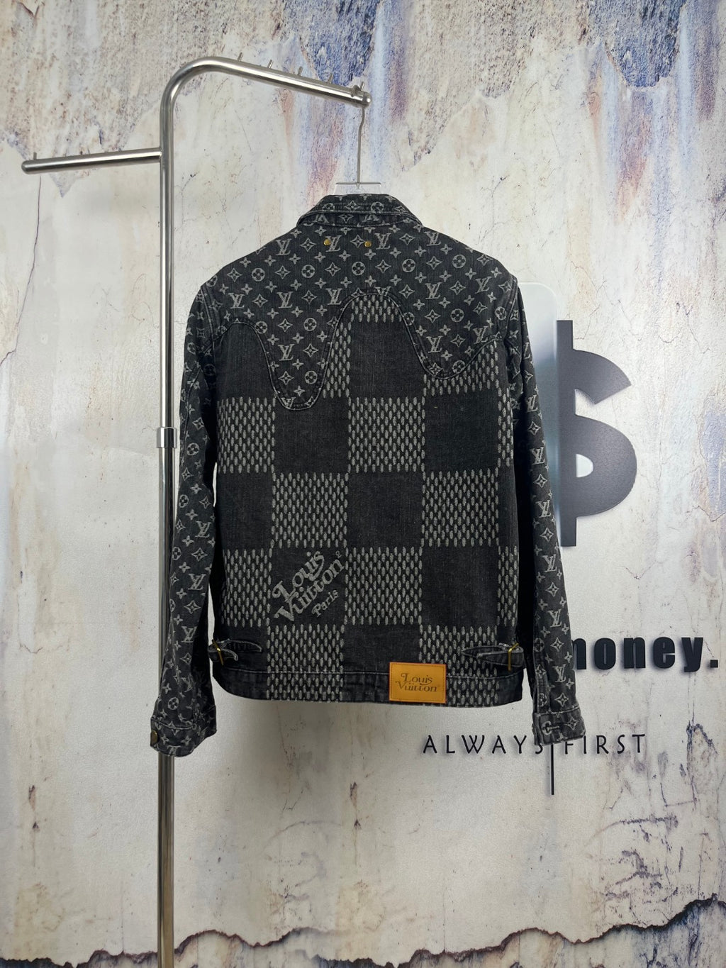 Louis Vuitton denim jacket back view with all-over monogram and patchwork panel