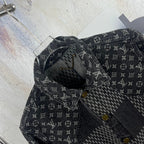 Louis Vuitton denim jacket close-up of shoulder and collar with gold buttons