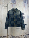 Monogram denim jacket with blue patchwork front and gold button placket