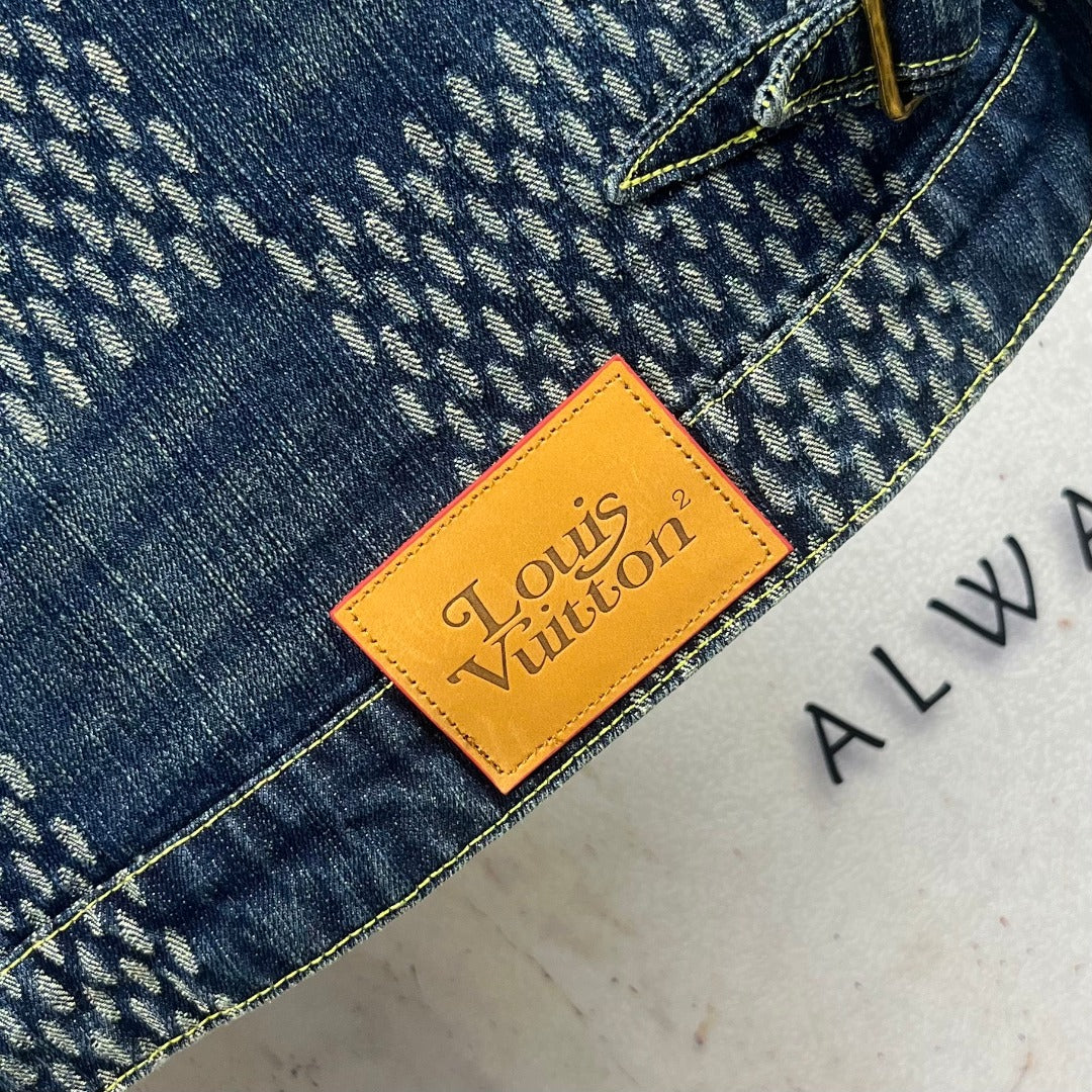 Louis Vuitton denim jacket inside neck label on blue monogram fabric