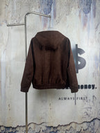 Brown monogram zip-up hooded jacket, back view with ribbed cuffs and hem