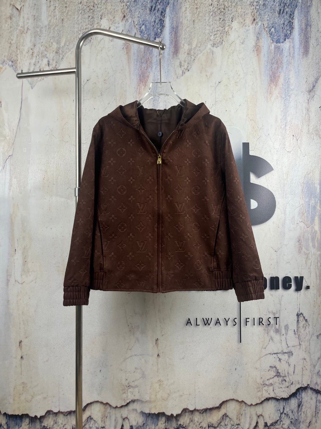 Brown monogram zip-up hooded jacket with ribbed cuffs and hem