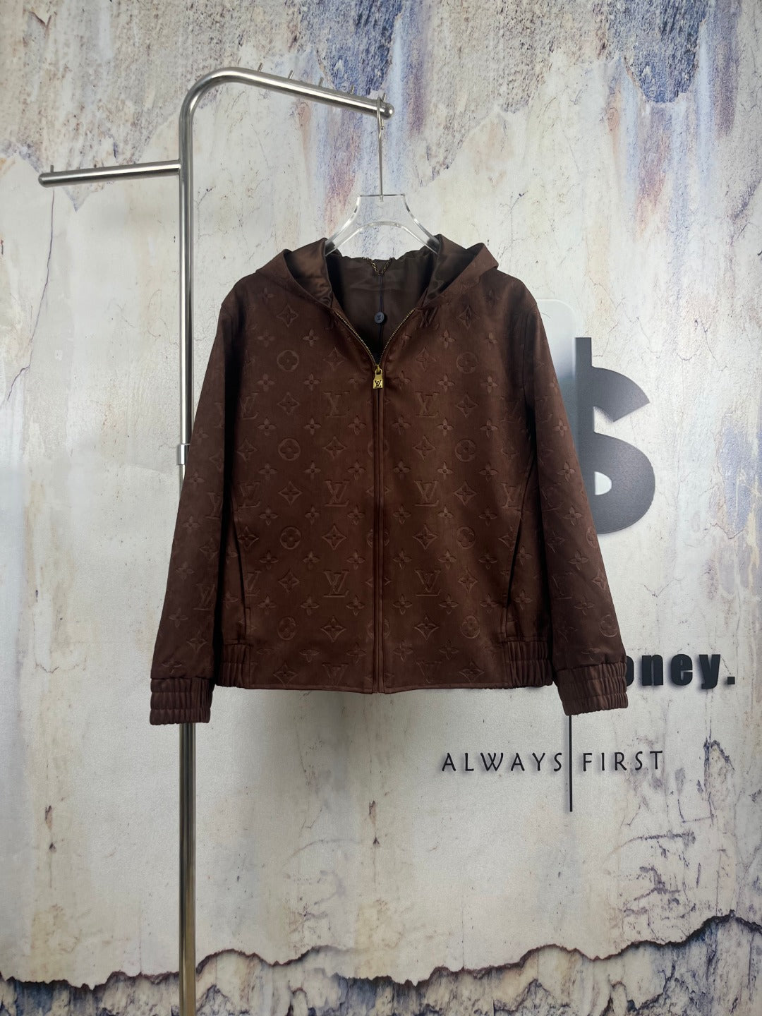 Brown monogram zip-up hooded jacket with ribbed cuffs and hem