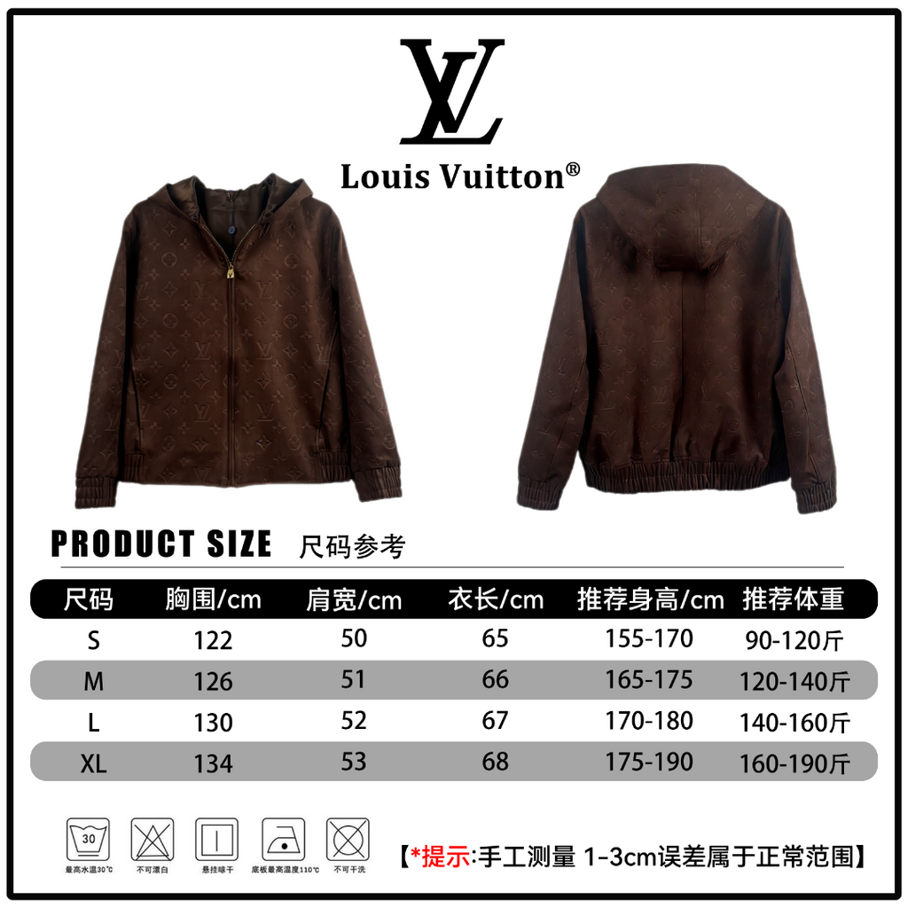 Louis Vuitton hooded jacket size chart with front and back views