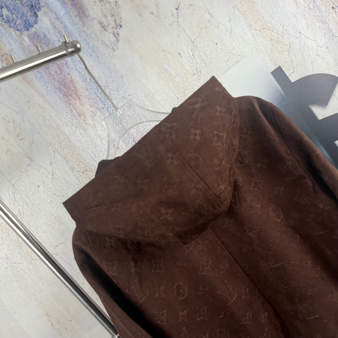 Brown monogram hooded jacket back panel close-up