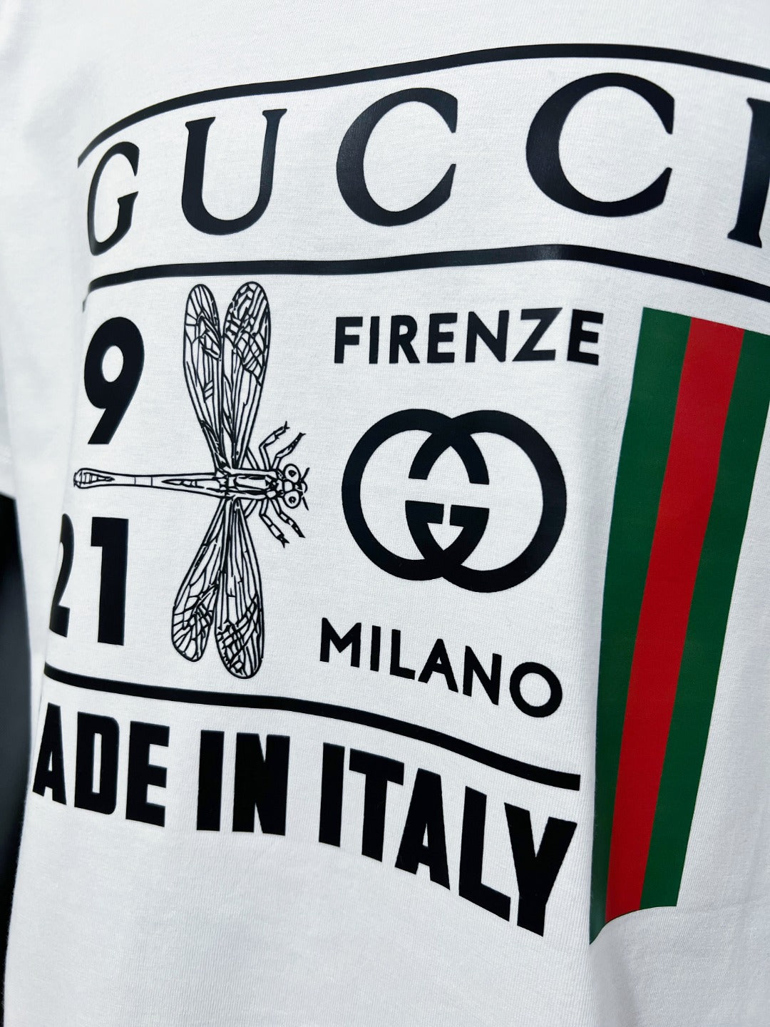 Gucci white T-shirt front logo print close-up with numbers and badge graphic