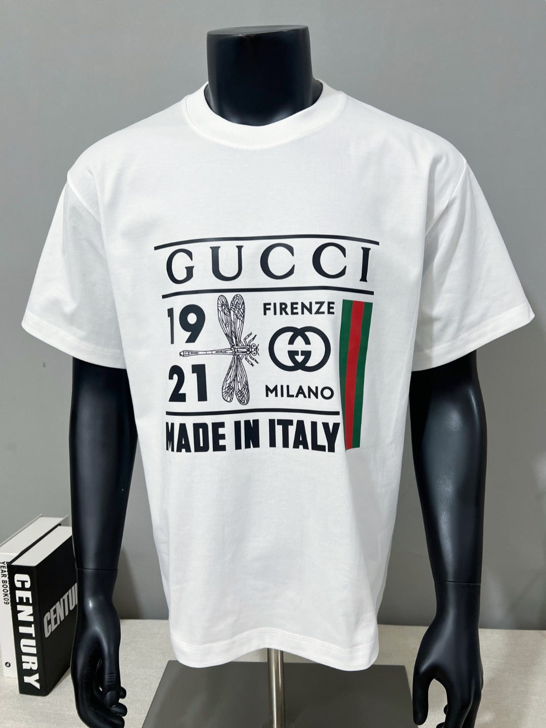 Gucci white crewneck T-shirt full front view with logo graphic on chest