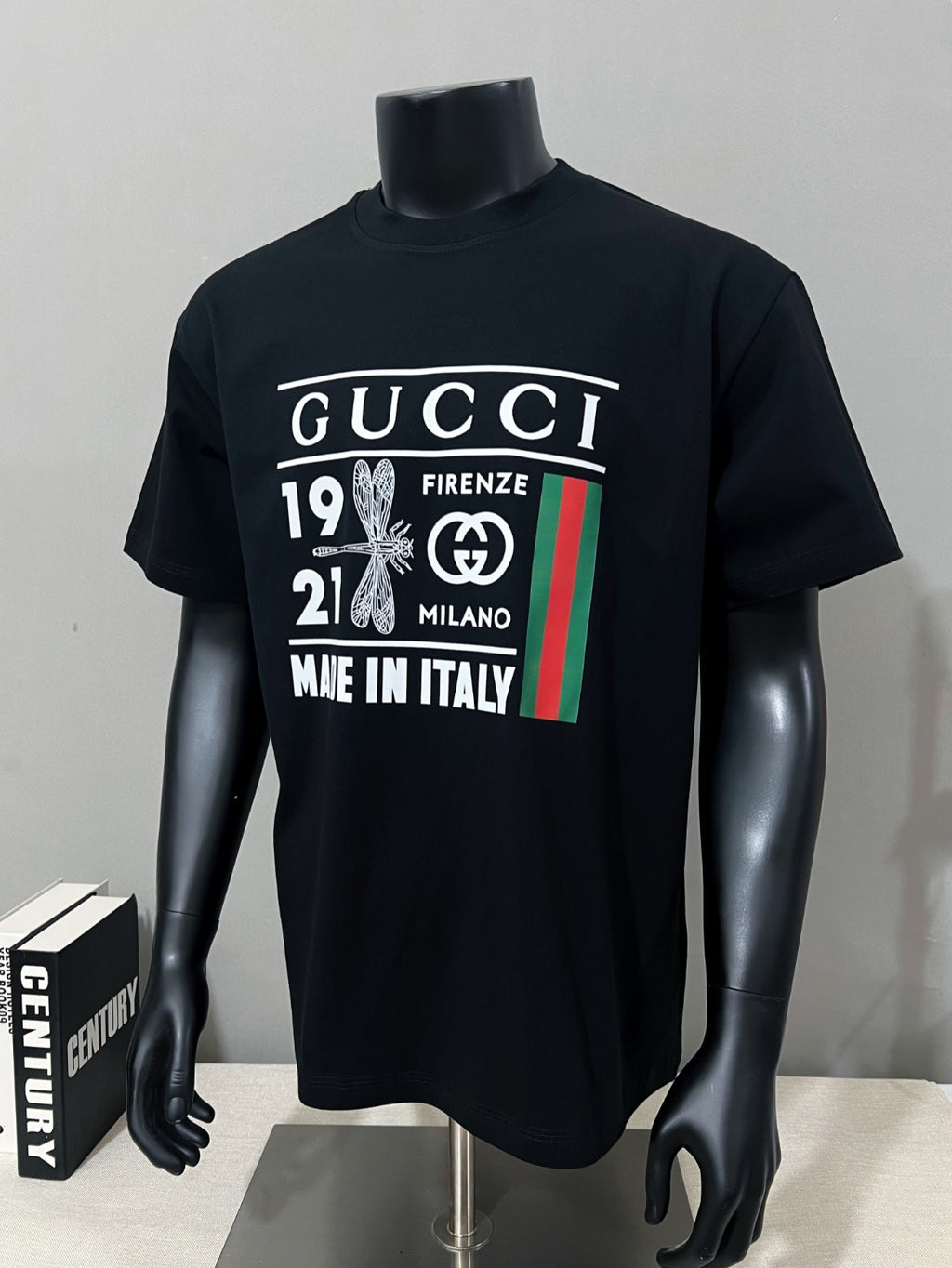 Black graphic T-shirt with Gucci logo and Firenze Milano print