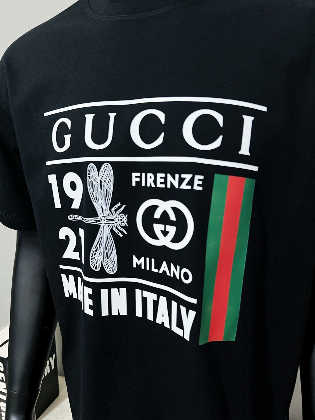 Black T-shirt with large Gucci Firenze Milano front graphic