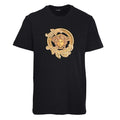 Black Versace T-shirt with gold Medusa-style crest graphic on the front